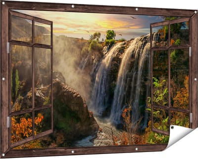 Gards Tuinposter Doorkijk Watervallen vanaf de Kliffen - 150x100 cm - Tuindoek - Tuindecoratie - Wanddecoratie buiten - Tuinschilderij