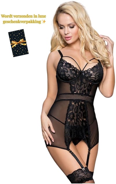 Dare to Undress – 2-Delige Lingerieset Dames – Bodysuit met Jarretels – Lingerie Erotisch – Sexy Jurkje – Erotische Lingerie – Sexy Lingerie – Chique Jurk – High End Bodysuit – Luxe Nachtkleding – BDSM – Boudoir – Clubwear – Wasteland – Maat S