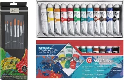 Toppoint Acrylverf schilderset - 12x gekleurde tubes van 12 ml - met 7x schilderpenselen