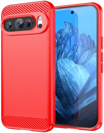 Geborsteld TPU Hoesje Geschikt voor Google Pixel 9 / 9 Pro | Beschermhoes | Back Cover | Flexibel TPU | Stijlvol Carbon | Dun | Rood