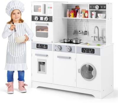 COSTWAY Houten kinderkeuken met wasmachine, gootsteen, waterdispenser, magnetron, oven, gebruiksvoorwerpen, speelkeuken met licht en geluid, voor kinderen vanaf 3 jaar