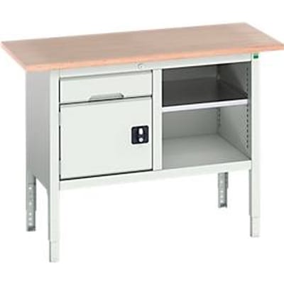 Box werkbank Bott verso, met multiplex legbord, 1 lade & 1 legbord & 1 deur, B 1250 x D 600 x H 830 - 930 mm, lichtgrijs