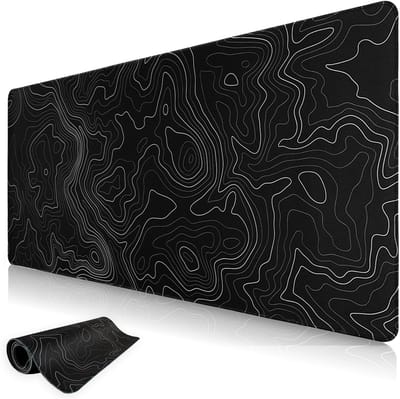 Muismat, zwart, minimalistische topografische kaarten, bureauonderlegger, wasbare muismat XXL, gaming met genaaide randen voor toetsenbord, pc-muis en laptop, 1200 x 600 mm