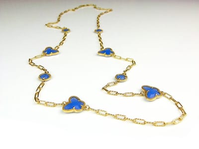 lange zilveren halsketting collier halssnoer geelgoud verguld Model Vlinder en Bol met blauwe stenen