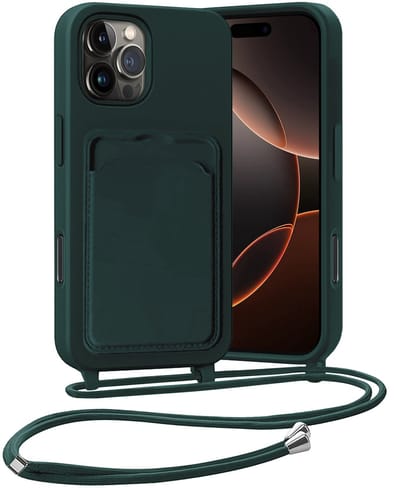 Hoesje Geschikt voor iPhone 16 Pro Hoesje Met Telefoonketting Pasjeshouder Case Koord - Hoesje Geschikt voor iPhone 16 Pro Hoes Met Kaarthouder - Donkergroen