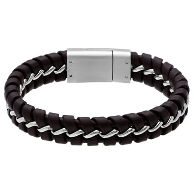 Lucardi - Heren Stainless steel herenarmband gevlochten leer bruin - Armband - Staal - Zilverkleurig - 22 cm