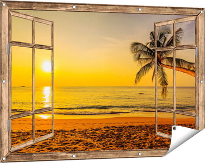 Gards Tuinposter Doorkijk Tropisch Strand tijdens Zonsondergang - 120x80 cm - Tuindoek - Tuindecoratie - Wanddecoratie buiten - Tuinschilderij