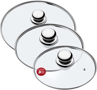 KADAX Pandekselset, universeel deksel van glas met handvat, hittebestendige dekselset in verschillende maten, pannendekselset, glazen deksel voor pot, pan (22 + 26 + 30 cm, metalen handvat)