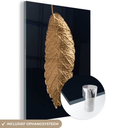 MuchoWow® Glasschilderij 120x160 cm - Schilderij acrylglas - Bladeren - Zwart - Goud - Luxe - Natuur - Foto op glas - Schilderijen