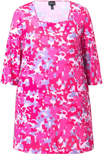 Ulla Popken - Dames - Longshirt grafische print carréhals 3/4-mouwen - Roze - Maat 46+