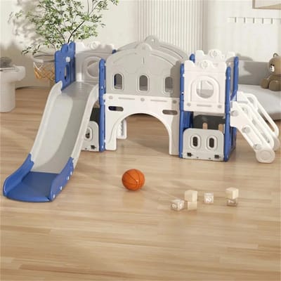 Eszenzics™ 3-in-1 Speeltoestel "Jim" - Glijbaan, Kasteel, Ladder - Model GD01 - Veilig en solide - Blauw/Wit - 1 tot 6 jaar - Peuter en Kleuter