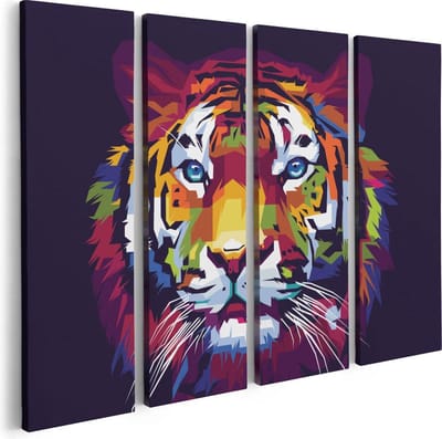 Artaza Canvas Schilderij Vierluik Kleurrijke Tijger - Abstract - 80x60 - Foto Op Canvas - Canvas Print