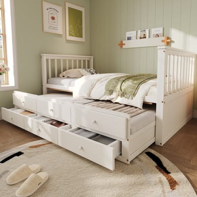 KOMHTOM - Eenpersoonsbedden - 90x200 cm (90x190 cm) - kinderbedden - dagbedden - massief houten bedden - met uitschuifbed - met drie lades - wit