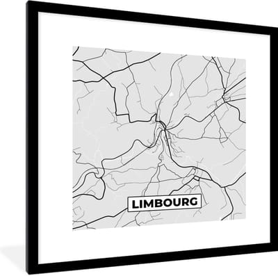 Fotolijst incl. Poster Zwart Wit- Kaart – Plattegrond – Stadskaart – Limbourg – België – Zwart Wit - 40x40 cm - Posterlijst
