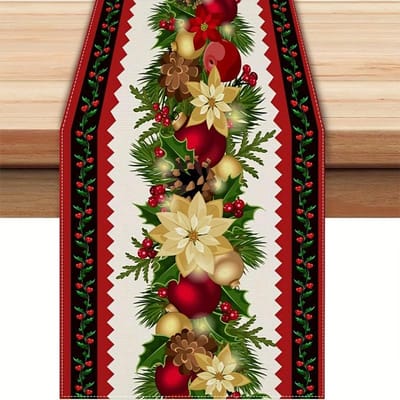 Kerst Poinsettia Bloemenbel Linnen Tafelkleed Feestdecoratie Winter Dennenaalden Dennenkegels Tafelkleden Navidad Decoraties 150x33cm