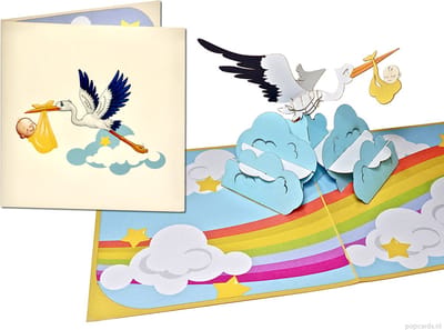 Popcards popupkaarten – Zwanger Baby kaart Geboorte Jongen Meisje Ooievaar brengt kind geboortekaart pop-up kaart 3D wenskaart