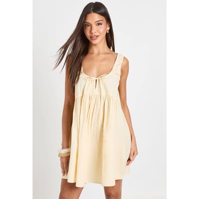 boohoo Dames Mini Smock Jurk Met Strikdetail Vooraan | Citroen | Maat: 38