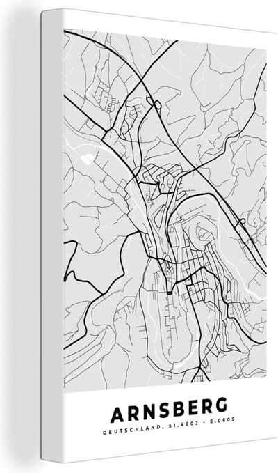 Canvas Schilderij Arnsberg - Kaart - Stadskaart - Duitsland - Plattegrond - 20x30 cm - Wanddecoratie