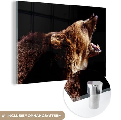MuchoWow® Glasschilderij 120x80 cm - Schilderij acrylglas - Beer - Wild dier - Tanden - Foto op glas - Schilderijen