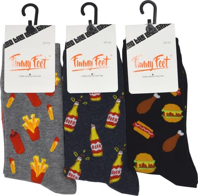 Funny Feet socks - Happy kousen Snack - cadeau - grappige sokken - 3 paar - grijs- Maat 39-42