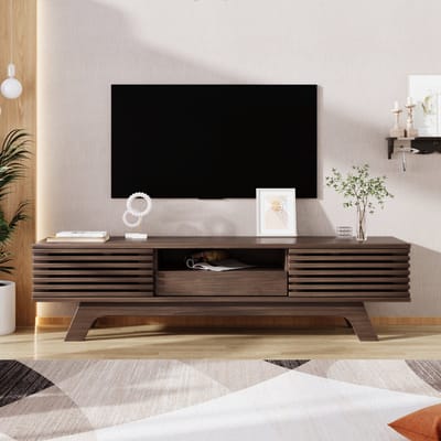 Gutent TV-kast, Vintage Houtkleur, TV-kast met één lade en twee deuren, Uniek ontwerp met opbergruimte, TV-meubel, TV-paneel,...
