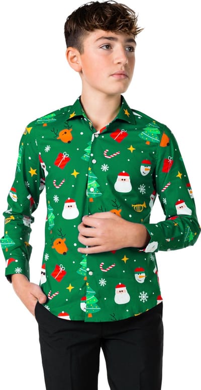 OppoSuits Shirt Festivity Green Kids - Tiener Overhemd - Kerstshirt - Groen - Maat 134/140