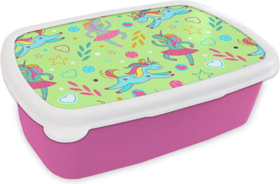 Broodtrommel Roze - Lunchbox - Brooddoos - Ballerina - Eenhoorn - Patronen - Regenboog - 18x12x6 cm - Kinderen - Meisje