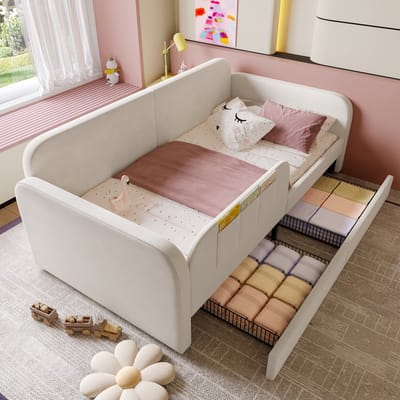 MODFU Kinderbed 90x200 cm – Met 2 opberglades – Gestoffeerd in wit fluweel – Met zijtasjes – Voor kinderkamer