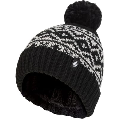 Dames Patroon Omgeslagen Bobble Muts | Heat Holders | Chunky Kabelbrei met Heatweaver Fleece Voering | Billingen Stijl - Zwart