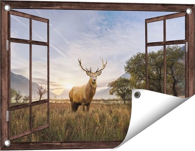 Gards Tuinposter Doorkijk Hert in het Landschap - 60x40 cm - Tuindoek - Tuindecoratie - Wanddecoratie buiten - Tuinschilderij
