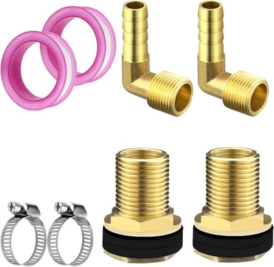 Tankvoeder voor regenwateropvang - 2 stuks - 1/2 inch AG en 3/8 inch vrouwelijke draad - Messing verbinding met 304 slangklemmen voor regentonnen, watertanks en cisternen
