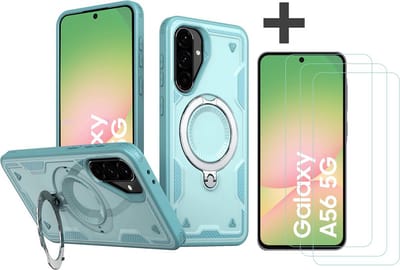 Hoesje Geschikt voor Samsung Galaxy A56 met 3 Stuks gehard glas Screenprotectors - Armor hoes met Ringhouder - Arara backcover - Lake Blauw