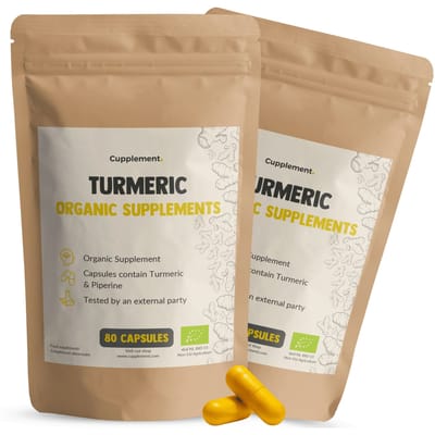 Cupplement Kurkuma met Piperine 600 mg Biologisch Combideal 2x 80 Capsules - Kurkuma poeder met Zwarte Peper – Kurkuma capsules met zwarte peper - Turmeric - Curcuma - Vegan - Zonder toevoegingen - Lab getest - 40 dagen voorraad per zakje