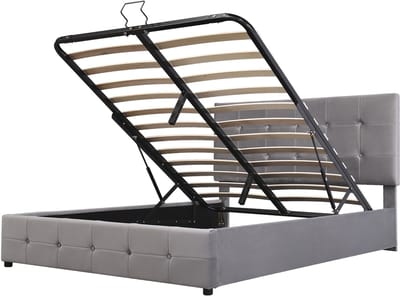 Gestoffeerd tweepersoonsbed van 140 x 200 mm met hydraulisch liftsysteem voor opbergruimte, in hoogte verstelbaar gestoffeerd hoofdeinde, metalen lattenbodem, huidvriendelijke fluwelen stof, geschikt voor volwassenen en tieners, grijs.