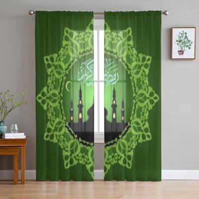 Ramdan Groene Tule Transparante Raamgordijnen Voor Woonkamer De Slaapkamer Moderne Chiffon Voile Organza Gordijnen Decor Draperieën 135W x 114H(cm) green