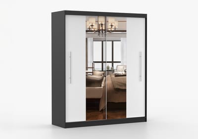 Kledingkast NICO I 203 cm - 2-deurs schuifdeurkast met spiegel en kledingstang - Garderobekast met ruime opbergruimte - Moderne kast voor slaapkamer en hal (Zwart + Wit)