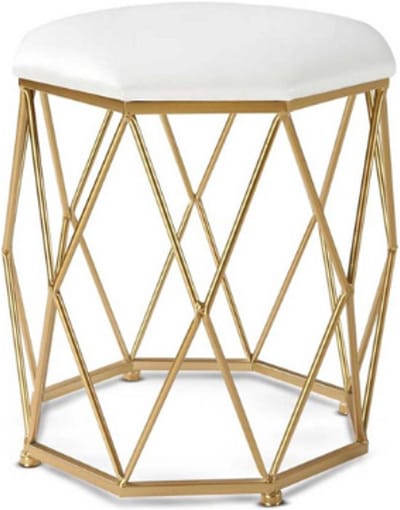 Luxaliving Poef met Goud Metalen Frame – Beige Gestoffeerde Zitting – Ronde Poef – Ø 34 × 44 cm