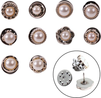 Fako Bijoux - Pin Broche Mini - Steek Pin Knopen Set - 10 Mini Broches - 8-12mm - Silver, Gold & Pearl - 10 Stuks - Zilver & Goud - Serie 4