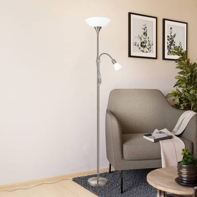 EGLO Vloerlamp Up 2, nikkelkleurig, metaal, leeslampje, E27 + E14
