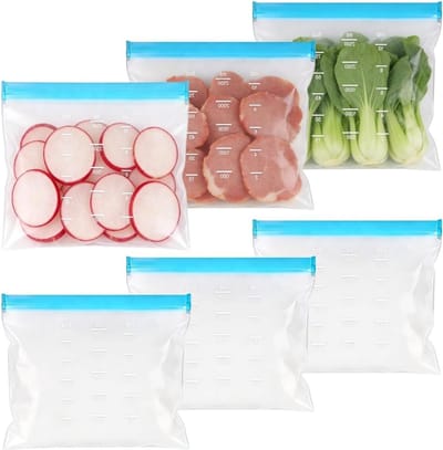 Herbruikbare Diepvrieszakken - 6 Stuks Siliconen Voedselzakken met Staand Bodemdesign, BPA-Vrij voor Fruit, Groenten, Vlees en Snacks - 27.5cm x 21cm (Blauw & Transparant)