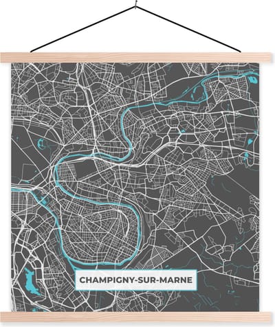 Posterhanger incl. Poster 40x40 cm - Schoolplaat - Champigny-sur-Marne - Frankrijk - Kaart - Stadskaart - Plattegrond - Textielposter - Blanke latten - Stadskaart