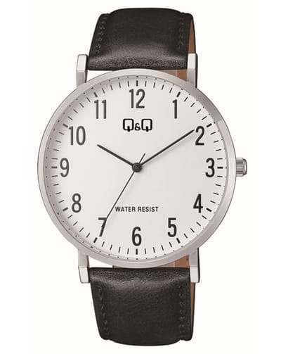 Q&Q C43A-001PY - Horloge - Polshorloge - Analoog - Heren - Mannen - Leren band - Rond - Metaal - Cijfers- Zwart - Zilver- Wit