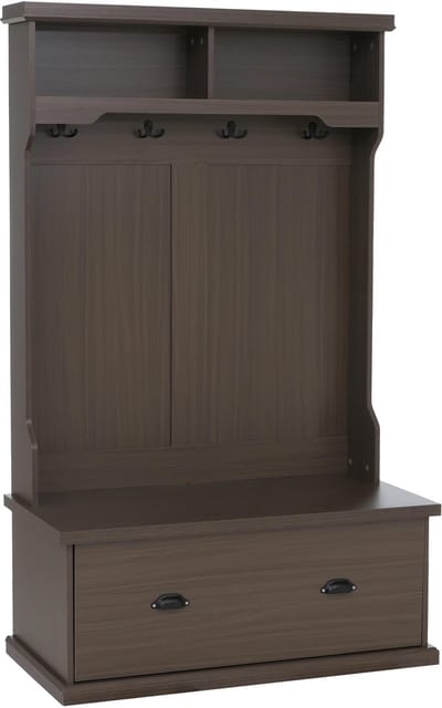 Garderobekast MCW-P27, halgarderobekast, houten garderobekast met zitbank, 4 haken, opbergvak, melamine, 163 x 100 x 47 cm ~ walnootlook
