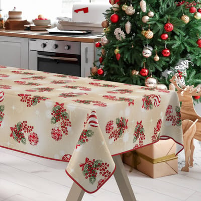 ANRO Tafelkleed Kerstballen Beige 180x140cm Met sierband Afwasbaar Waterafstotend Binnen & Buiten