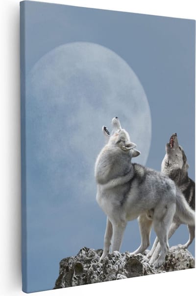 Artaza Canvas Schilderij Wolf - 80x100 cm - Groot - Wanddecoratie Dieren - Muurdecoratie Maan - Schilderijen Op Canvas Wilde Dieren