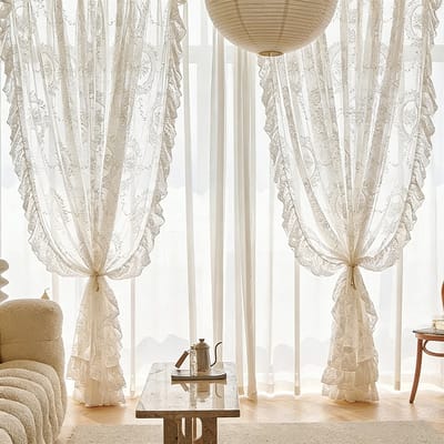 Floraweg Franse vintage kanten vitrages, halfdoorzichtig, voor slaapkamers, woonkamers en erkerramen – Lolita witte vitrages, 132x160cm