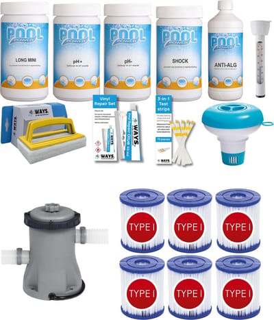 WAYS - Zwembad Onderhoud - Pakket Medium Deluxe & Filterpomp 1249 L/h & 6 Filters Type I