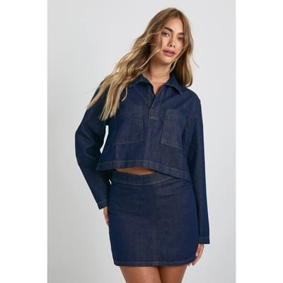 boohoo Dames Denim rugbyshirt met kraag | Indigo | Maat: 6