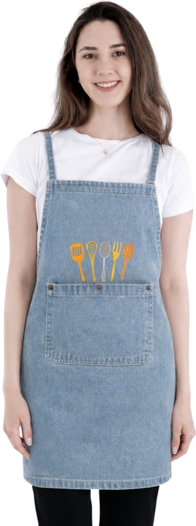 Sevilya Denim Keukenschort – Blauw - Bestekprint - 65 x 70 cm - Gewassen Spijkerstof – Hoge Kwaliteit - Keukenschort voor Dames en Heren