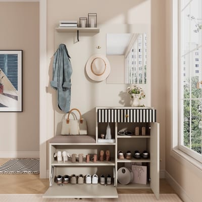 STILVORA Garderobekast – Compacte Garderobe Met Spiegel En Gepolsterde Zitbank – MDF Met Softclose Deuren – 110x185,5x37 cm – Beige+Crèmewit